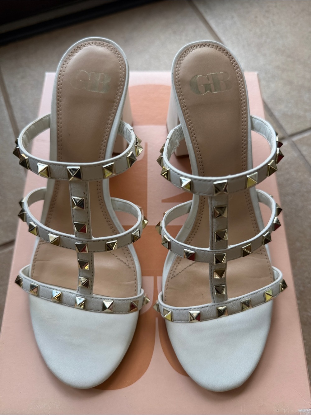 Gianni Bini White Studded Triple-Strap Block Heel Sandals